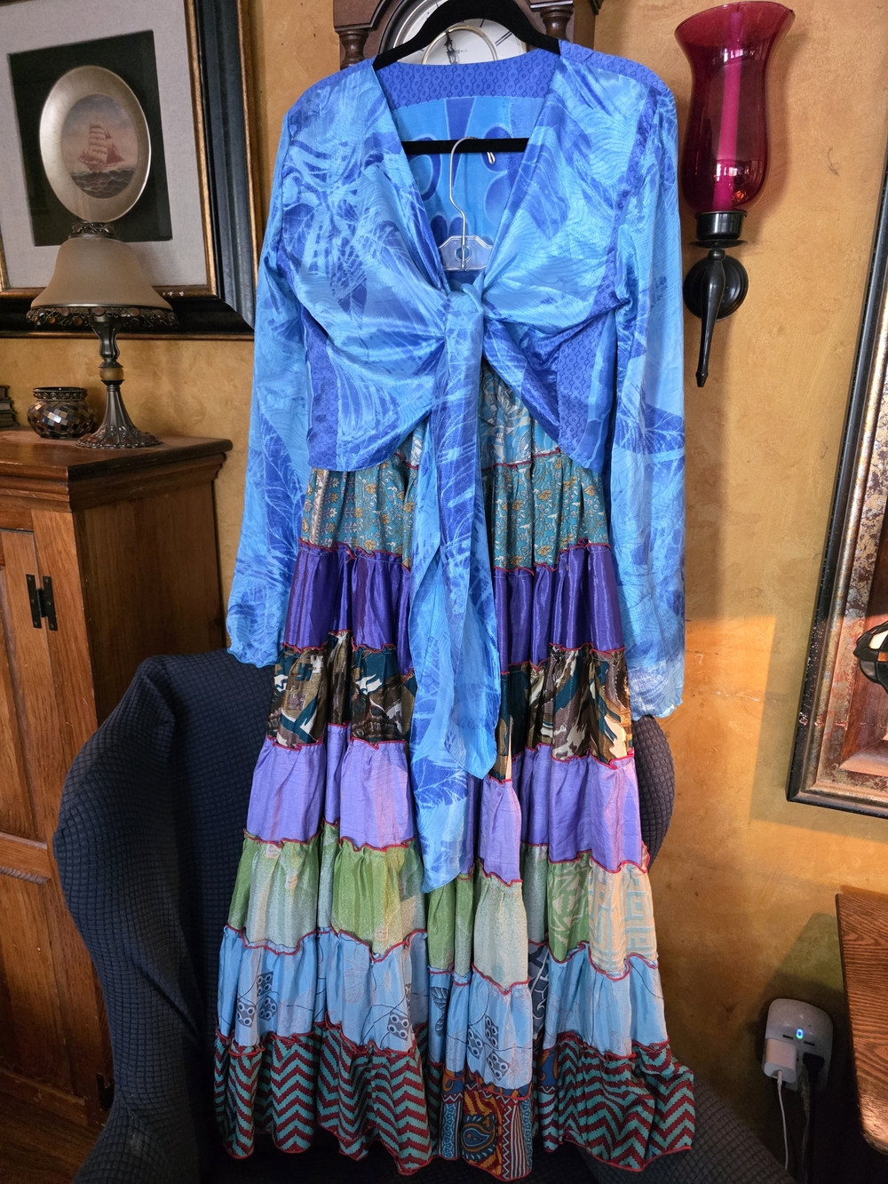 Women’s Multi-Panel Bohemian Silk Maxi Skirt with Silk Blue Tie-Front Top